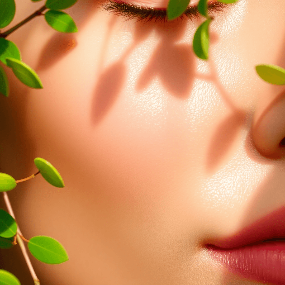 Stem Cell Serum for Microneedling: Do This First 1 Close-up of smooth, glowing skin with radiant highlights, surrounded by green leaves and soft natural light, symbolizing gentle skincare and healing showing the possibilities of skin after using stem cell serum for microneedling