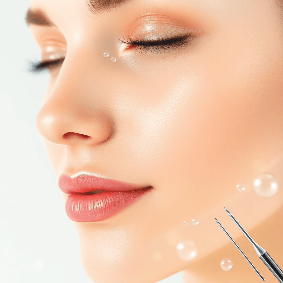 7 Smart Ways Hyaluronic Acid for Microneedling Boosts Comfort & Healing 1 Close-up of a glowing face with smooth skin, surrounded by soft water droplets and gentle light rays, symbolizing hydration and skin rejuvenation in an article about Hyaluronic Acid for Microneedling