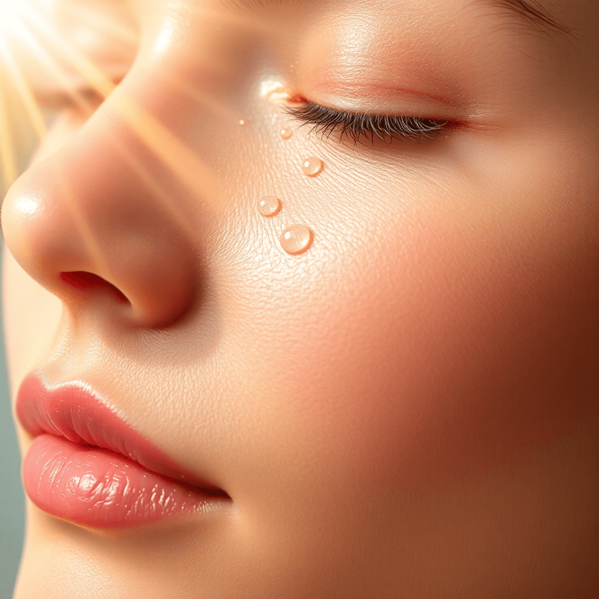 The first 7 days: Microneedling Day-by-Day to Gorgeous Skin! 1 Close-up of glowing skin with water droplets showing microneedling day-by-day, golden light rays, and delicate microscopic needle patterns symbolizing healing and microneedling.