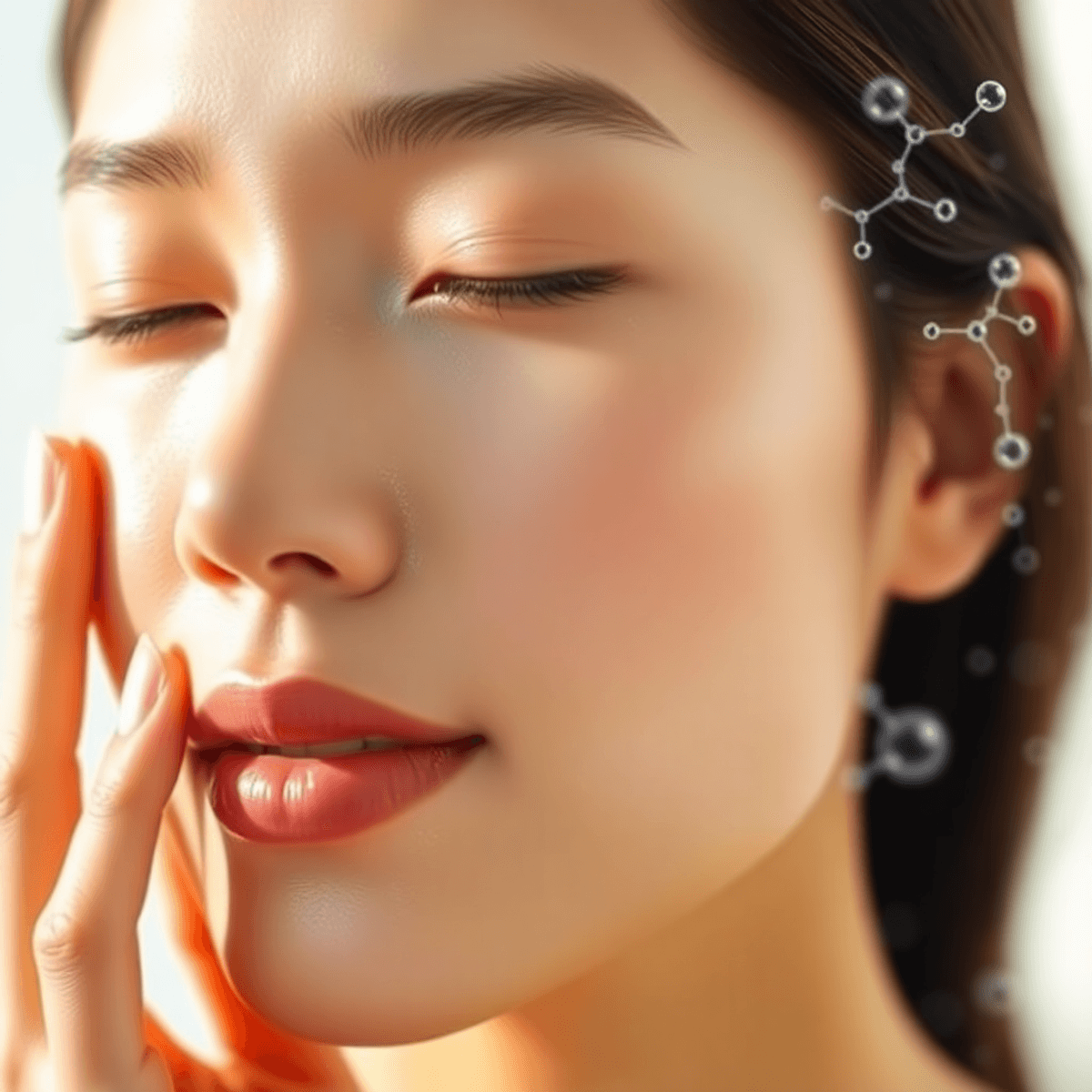 8 Best EGF Serum Options for 2026 That Actually Deliver Results 1 a close-up of a smooth, glowing female face with flawless skin, gently touching her cheek. The background includes soft lighting and abstract molecular illustrations that visually suggest skin renewal and regeneration — fitting perfectly with your focus on the Best EGF Serum and the idea that these serums support skin texture, hydration, and recovery