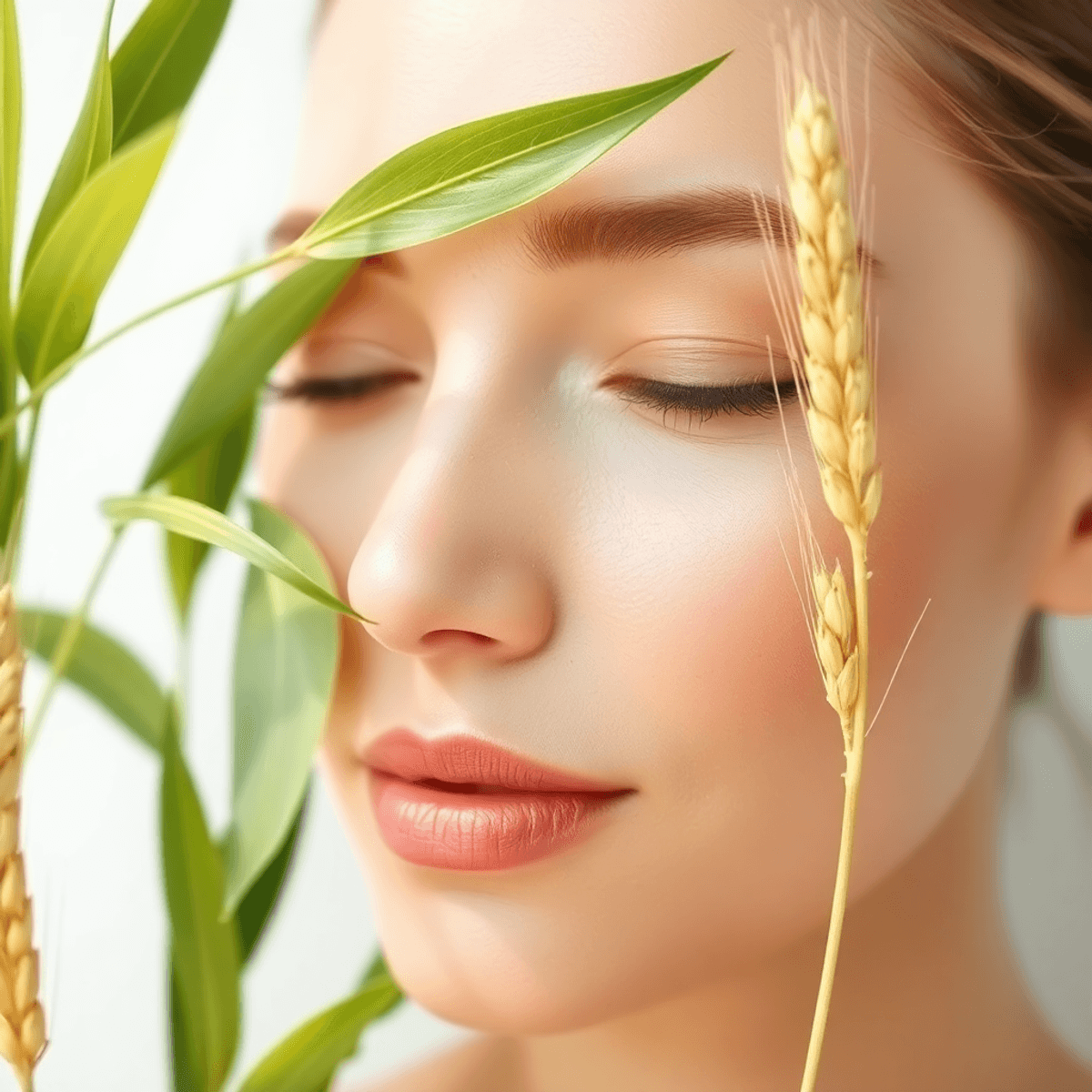 3 Essential Truths About EGF Serum Every Sensitive‑Skin User Must Know 1 Close-up of a glowing female face with clear skin, surrounded by green leaves and barley stalks on a light background symbolizing natural skincare in article about egf serum
