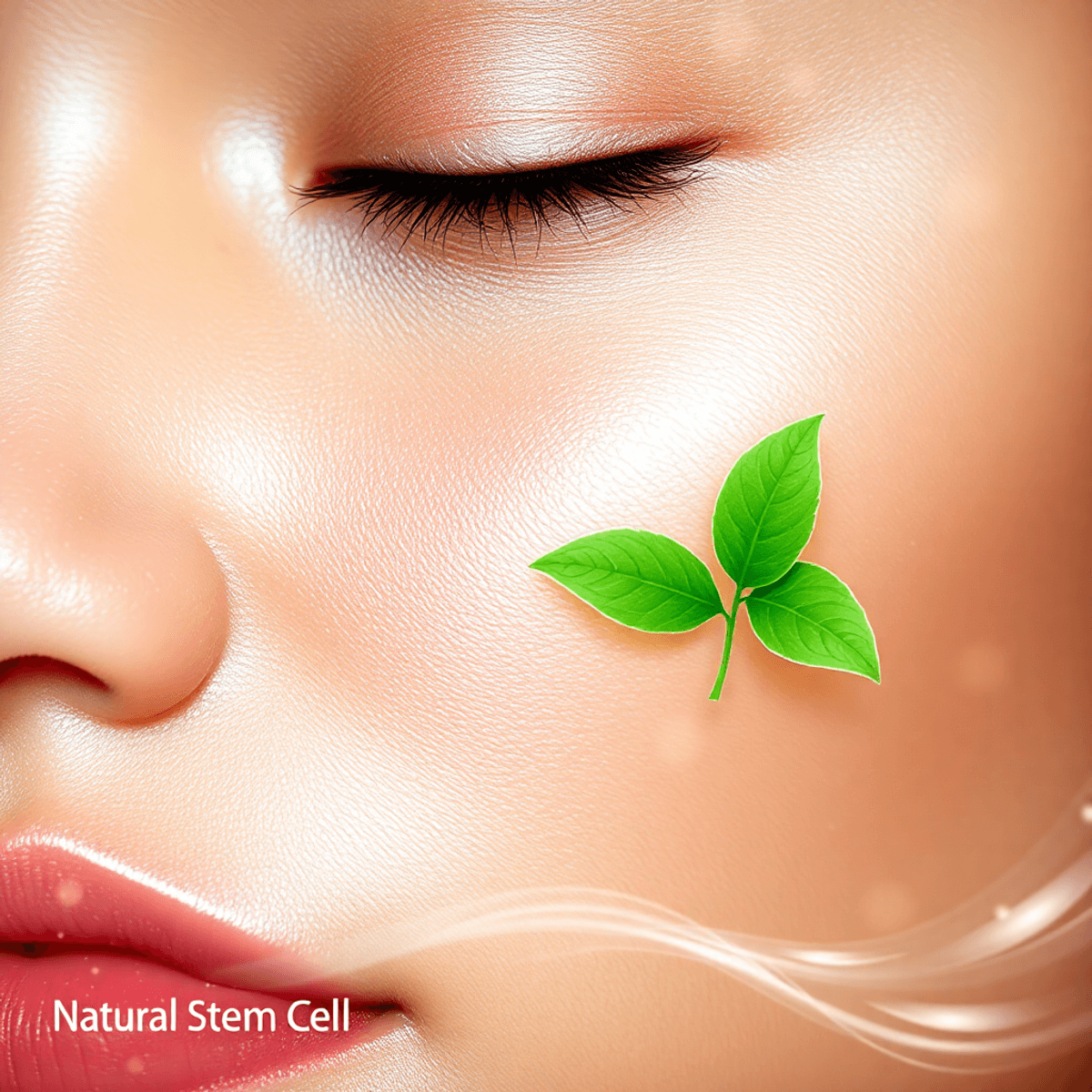 Stem Cell Serum Guide: Benefits, Safety, and Best Uses for Skin Regeneration (2026) 1 Close-up of glowing skin with soft natural light, green plant leaves in soft focus, and abstract waves symbolizing skin regeneration and healing.