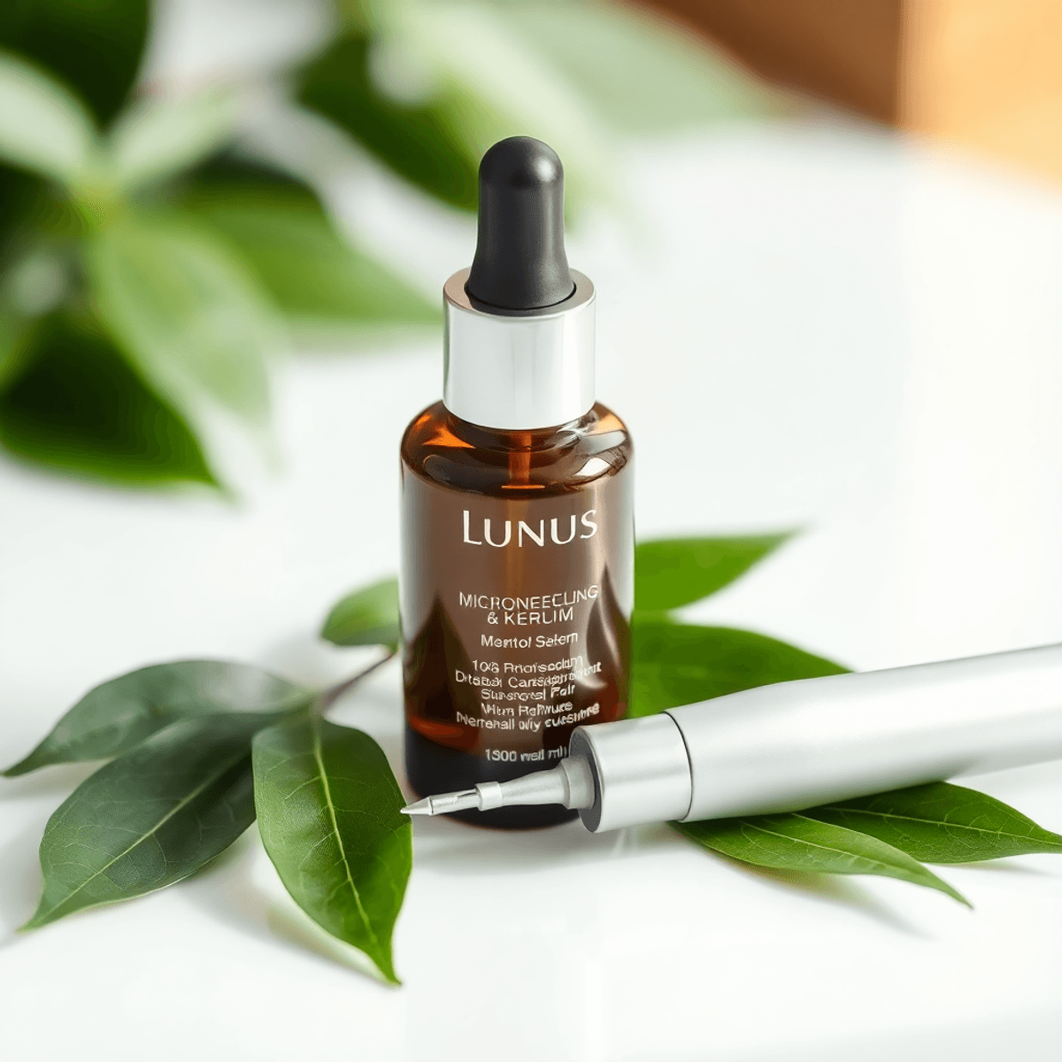 Best Microneedling Serum for Acne Scars: A Comprehensive Guide 1 Close-up of a skincare serum bottle beside a microneedling device on a bright surface with green leaves, symbolizing skin rejuvenation and healing.