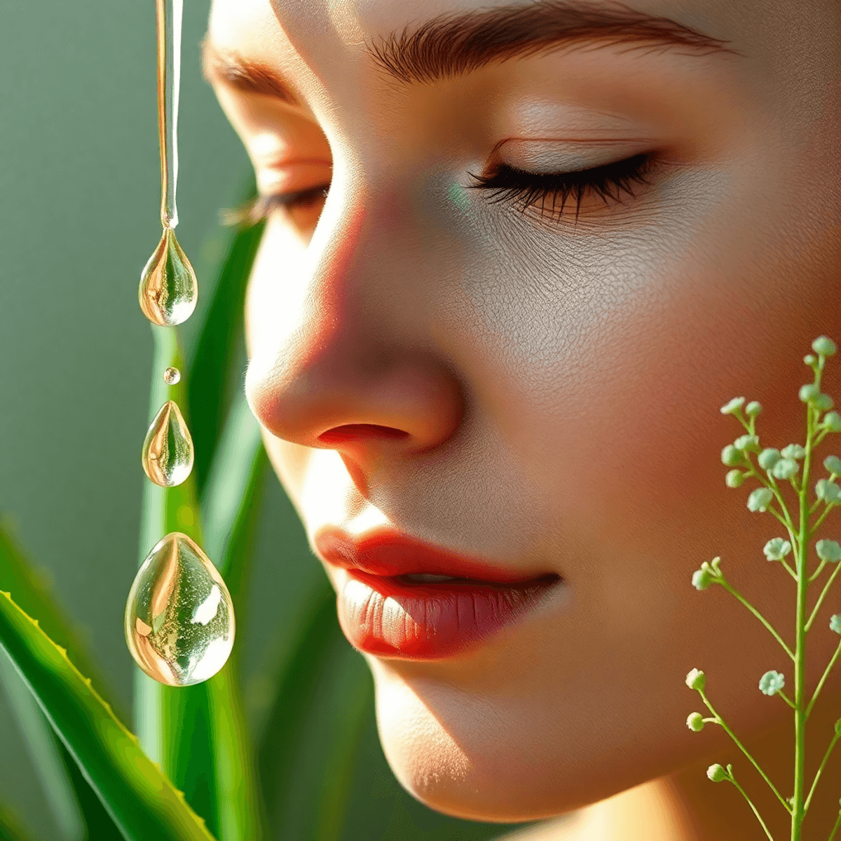 10 Critical Best Serum for Microneedling Tips: Ingredients to Use and Avoid 1 Close-up of a glowing, dewy face with clear serum drops and fresh aloe vera and centella asiatica leaves, symbolizing hydration and soothing skin care in an article about Best Serum for Microneedling