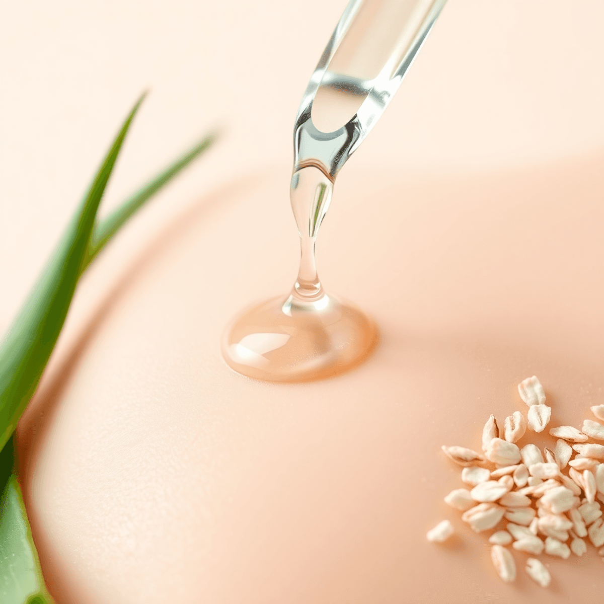 7 Essential Best Serums for Microneedling in 2026 That Take the Guesswork Out 1 Close-up of a dropper releasing clear serum onto smooth skin, surrounded by aloe vera, water droplets, and oatmeal grains on a pastel background in an article about best serums for microneedling.