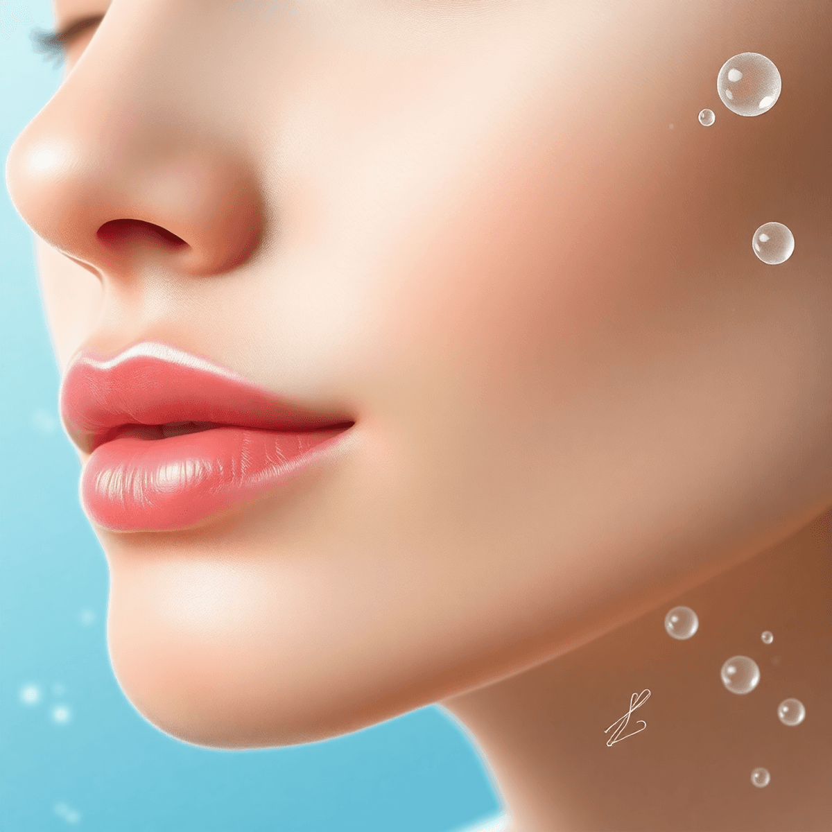 10 Essential Do’s & Don’ts for Hyaluronic Acid and Microneedling You Need to Know 1 Close-up of a glowing face with hydrated skin, water droplets, and abstract skin layers in blue pastel tones symbolizing moisture and microneedling treatment in an article Hyaluronic Acid and Microneedling