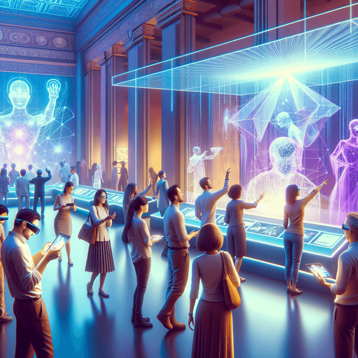 A diverse group of visitors, including Caucasian, Asian, and Hispanic individuals, engage with interactive digital displays and augmented reality exhibits in a futuristic museum. The scene showcases holographic projections and touchscreens featuring animated content. Some visitors wear translucent AR glasses, their expressions filled with curiosity and excitement as they explore the vibrant fusion of art, history, and advanced technology around them.
