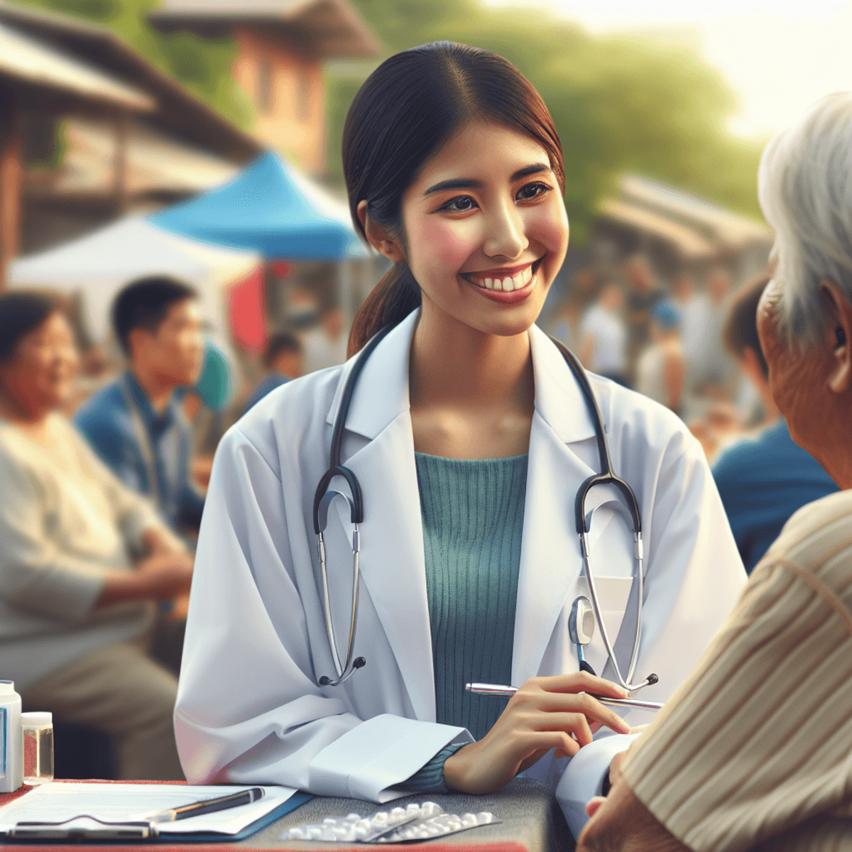 Expand Your Clinic By Free Camps 10 A Hispanic doctor in a lab coat with a stethoscope smiles warmly while interacting with local residents at a free health camp, alongside an Asian nurse engaged in a compassionate conversation with another resident, all set in a vibrant outdoor environment that reflects community trust and connection.