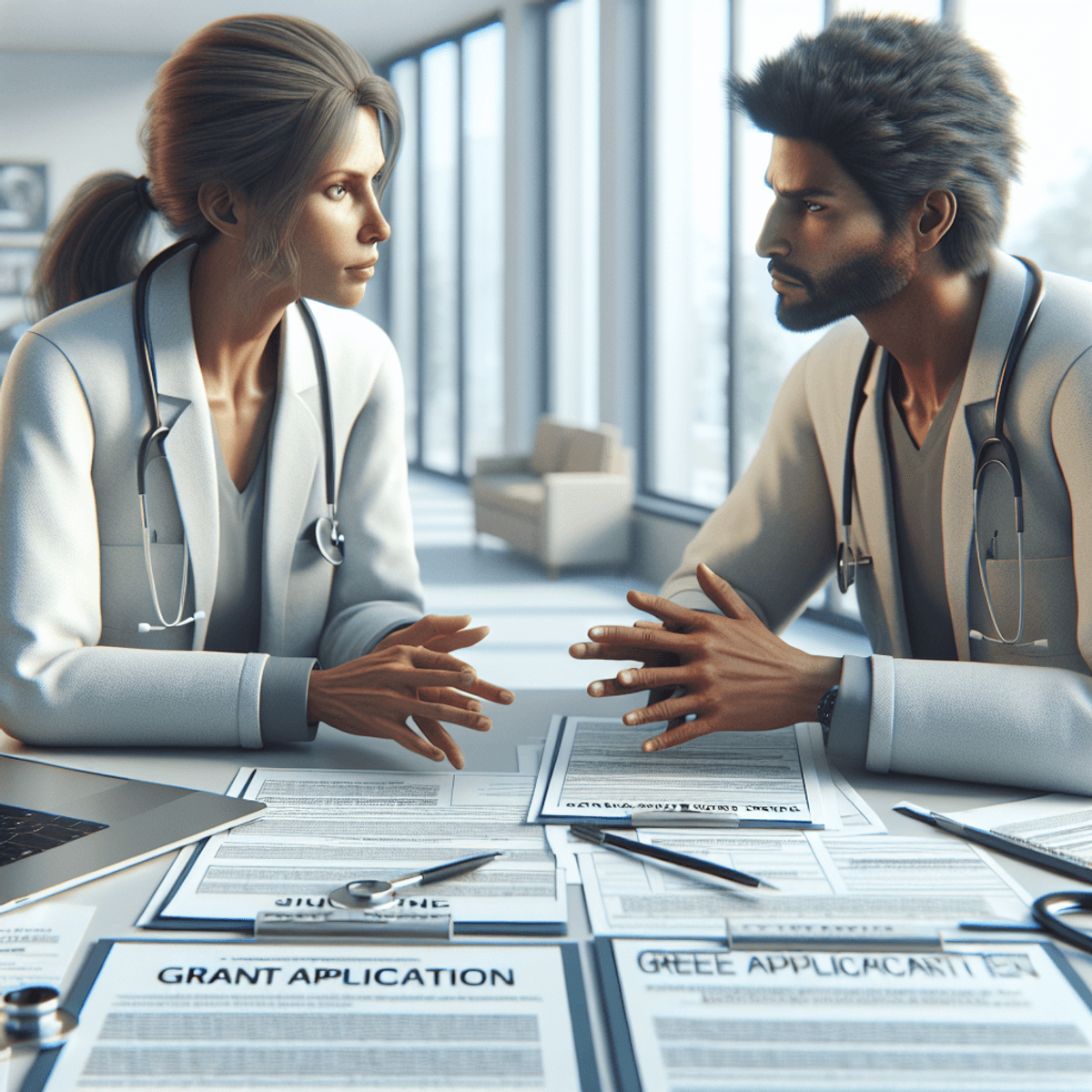 Expand Your Clinic By Free Camps 9 A Caucasian woman and a Hispanic man are engaged in a serious discussion at a modern clinic, surrounded by grant application documents and a laptop, illustrating their teamwork and dedication to securing funding for free medical camps. The bright setting emphasizes the professionalism and commitment of healthcare professionals.