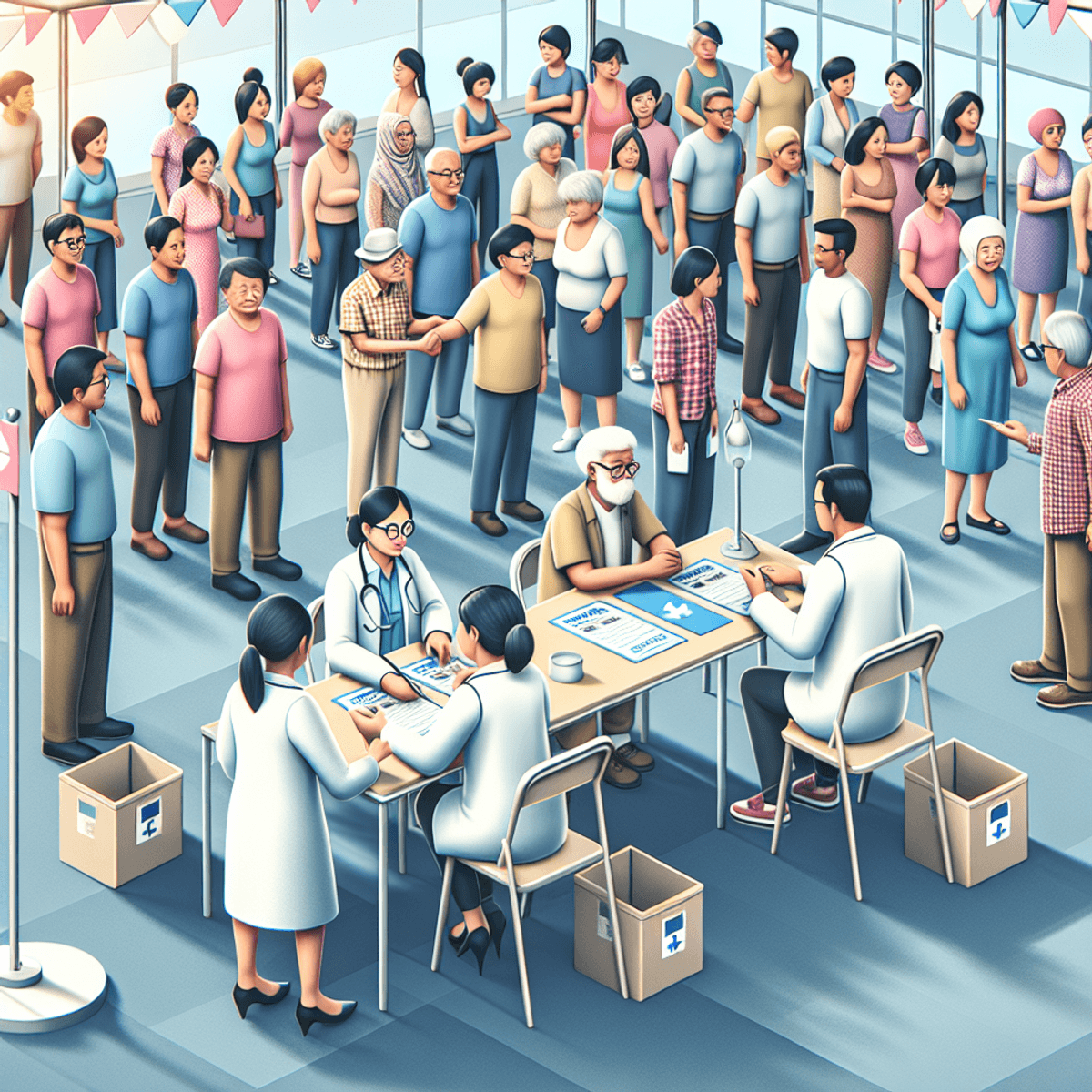 Expand Your Clinic By Free Camps 2 A diverse group of individuals, including Asian and Hispanic descent, is gathered in a community health camp. The scene features a welcoming registration area with friendly healthcare professionals interacting with patients. One area shows a healthcare worker issuing health cards to smiling individuals. Colorful banners and symbols related to health surround the space, while people of various genders and ethnicities engage in conversations, creating an inclusive environment filled with warmth and support.