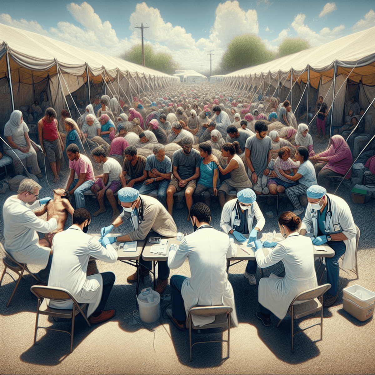 Expand Your Clinic By Free Camps 7 A panoramic view of a philanthropic medical camp featuring a diverse group of Caucasian and Hispanic medical volunteers assisting patients. The scene is set outdoors with temporary medical tents arranged around, creating a friendly and inviting atmosphere. Patients are engaged in health check-ups, while volunteers are actively interacting with community members, showcasing solidarity and empathy. The image captures the essence of community healthcare through the warm expressions and collaborative spirit of those involved, without any discernible text, focusing on the symbols of care and support.