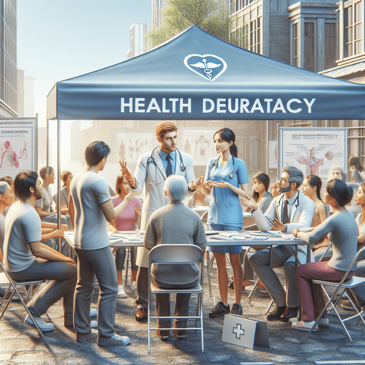 Expand Your Clinic By Free Camps 5 A diverse group of healthcare professionals, including a Caucasian male doctor and an Asian female nurse, are actively engaging with community members at a vibrant outdoor free medical camp. The scene is filled with colorful pamphlets and health-related materials scattered on a table, symbolizing health literacy. The doctor is speaking animatedly to a small group of attentive community members, while the nurse demonstrates a health practice nearby. The setting is sunny and lively, with trees in the background, showcasing the importance of health education in fostering community well-being.