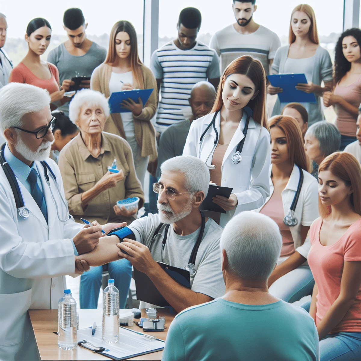 Expand Your Clinic By Free Camps 8 A diverse group of healthcare professionals, including Caucasian and Hispanic individuals, interacting with community members at a free medical camp. The scene shows healthcare workers in scrubs conducting health check-ups, while others are providing information and guidance to families. There are stethoscopes, blood pressure monitors, and informational brochures scattered around, symbolizing the services offered. Community members of various ages are seen engaging with the professionals, creating a warm and welcoming atmosphere that highlights public involvement in healthcare.