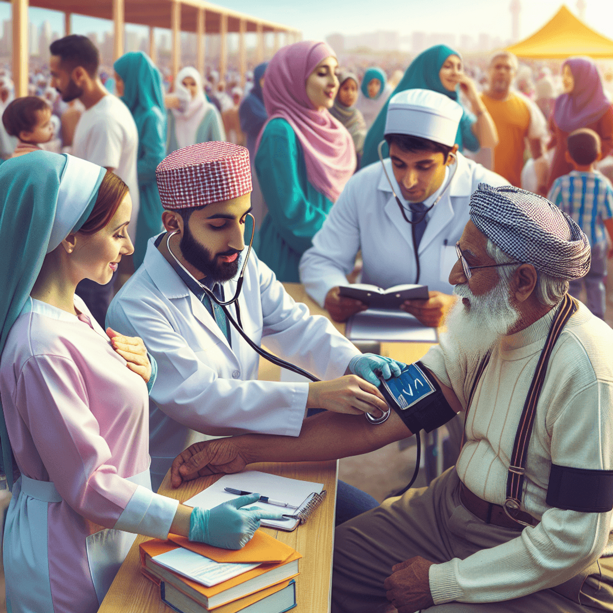 Expand Your Clinic By Free Camps 3 A vibrant outdoor scene depicting a diverse group of people at a free health camp. A Caucasian female nurse is checking the heartbeat of a Middle-Eastern child, while a South Asian male doctor hands out informational materials to a Hispanic elderly man and an East Asian woman. The healthcare professionals wear bright uniforms, creating an atmosphere of community support and well-being, with cheerful expressions that embody the essence of a healthcare event.