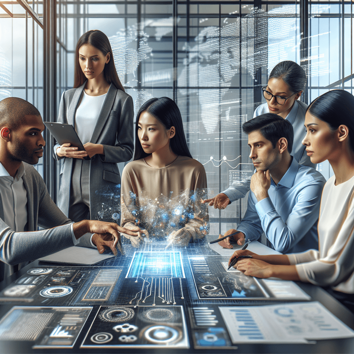 A diverse group of four professionals engaged in a collaborative discussion around a high-tech digital interface, set in a modern office. The female Black data analyst, male Asian software engineer, female Hispanic AI researcher, and male Middle Eastern technology consultant are animatedly interacting. The background features multiple screens showcasing data visualizations and elements of futuristic design, conveying a sense of innovation and technological advancement.