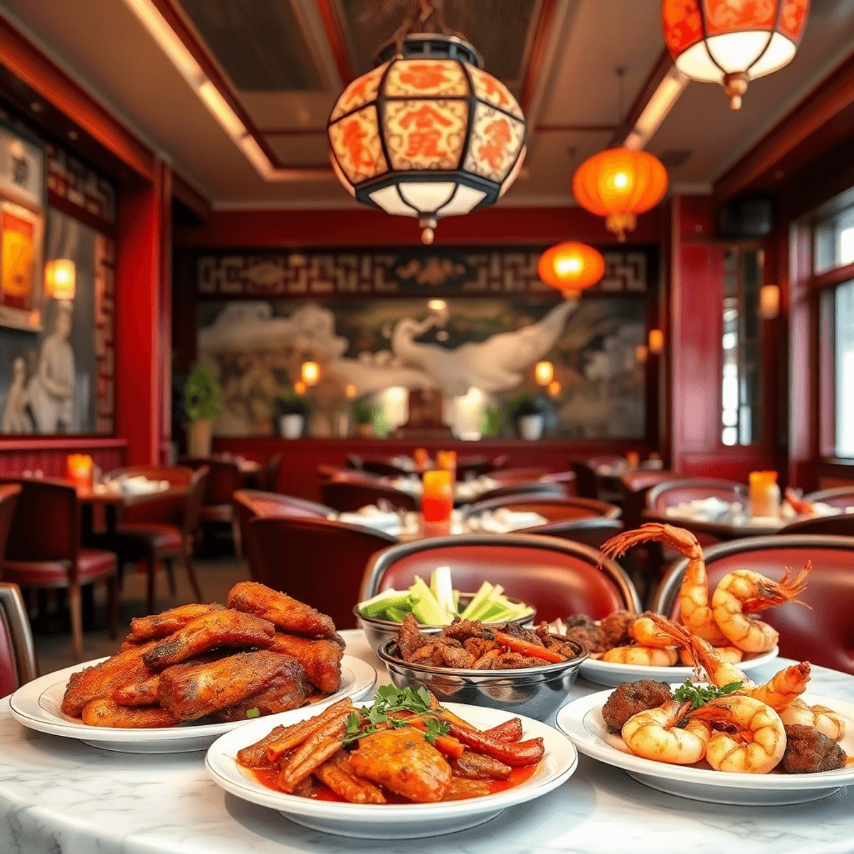 Innenansicht eines lebhaften chinesischen Restaurants mit traditioneller Dekoration, ein Tisch gedeckt mit knuspriger Ente, gegrilltem Rindfleisch, Garnelen und bunten Gewürzen in einem modernen Essbereich.