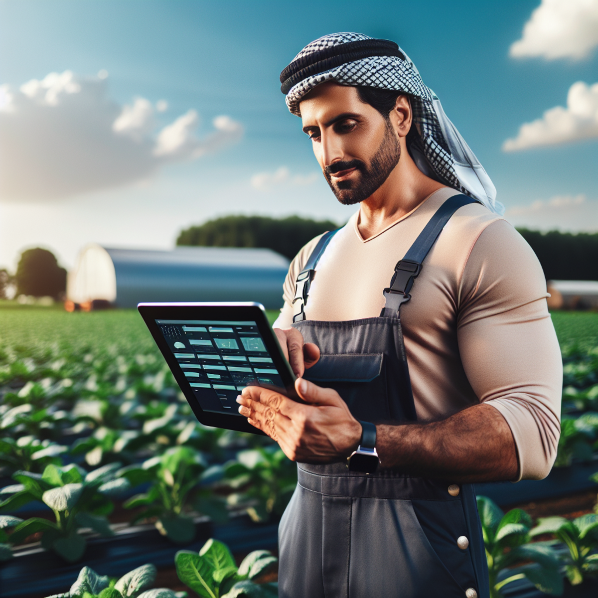 A farmer using a tablet in a lush green field.