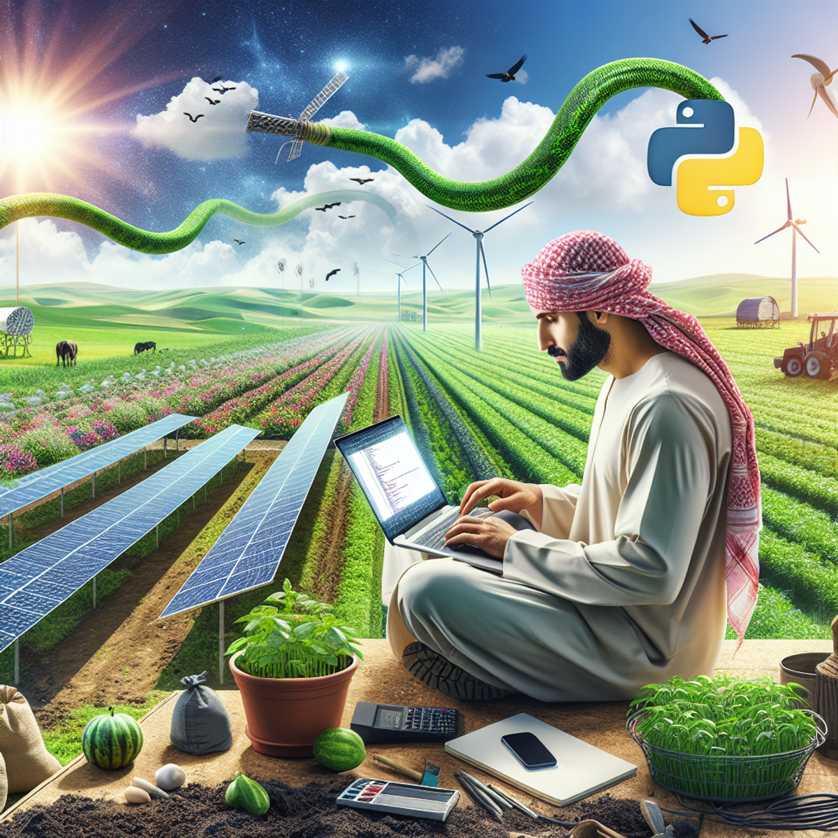 A Middle-Eastern male farmer seated by his laptop under the bright sun, immersed in writing code, surrounded by lush green fields and thriving crops. The farm reflects plentiful sustainable initiatives — wind turbines, solar panels, and compost bins. A visual representation of Python language (like a snake shaped cable connecting the laptop to the vibrant crops), indicating the use of Python tools in enhancing agricultural sustainability.