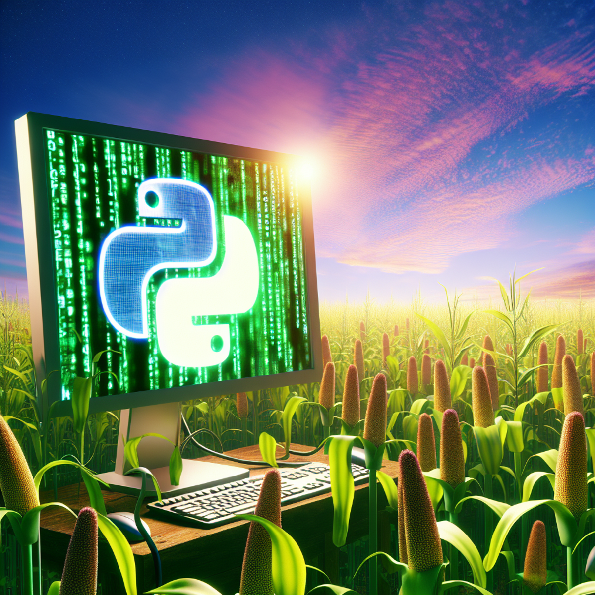 Computer monitor displaying Python code with crops in the background.