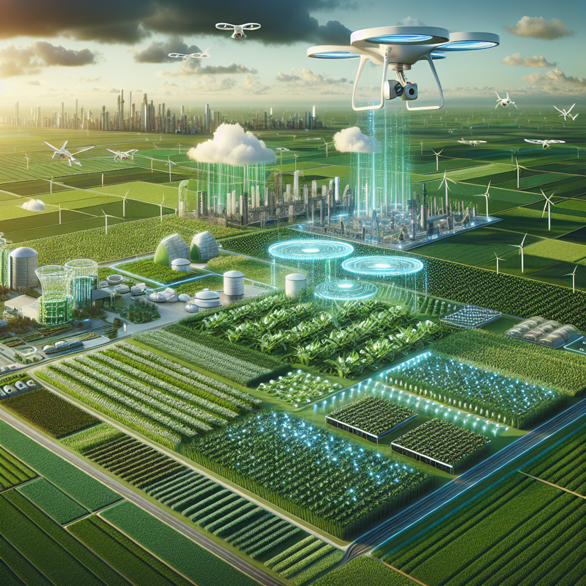 A contemporary farm scene with green fields, futuristic technology, and sustainable farming practices.