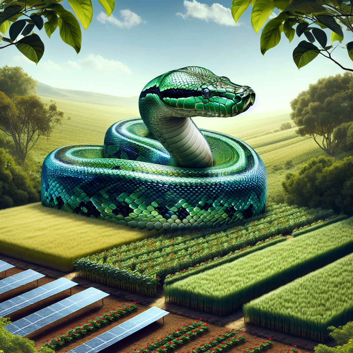 A giant python coiled around a lush, flourishing field.