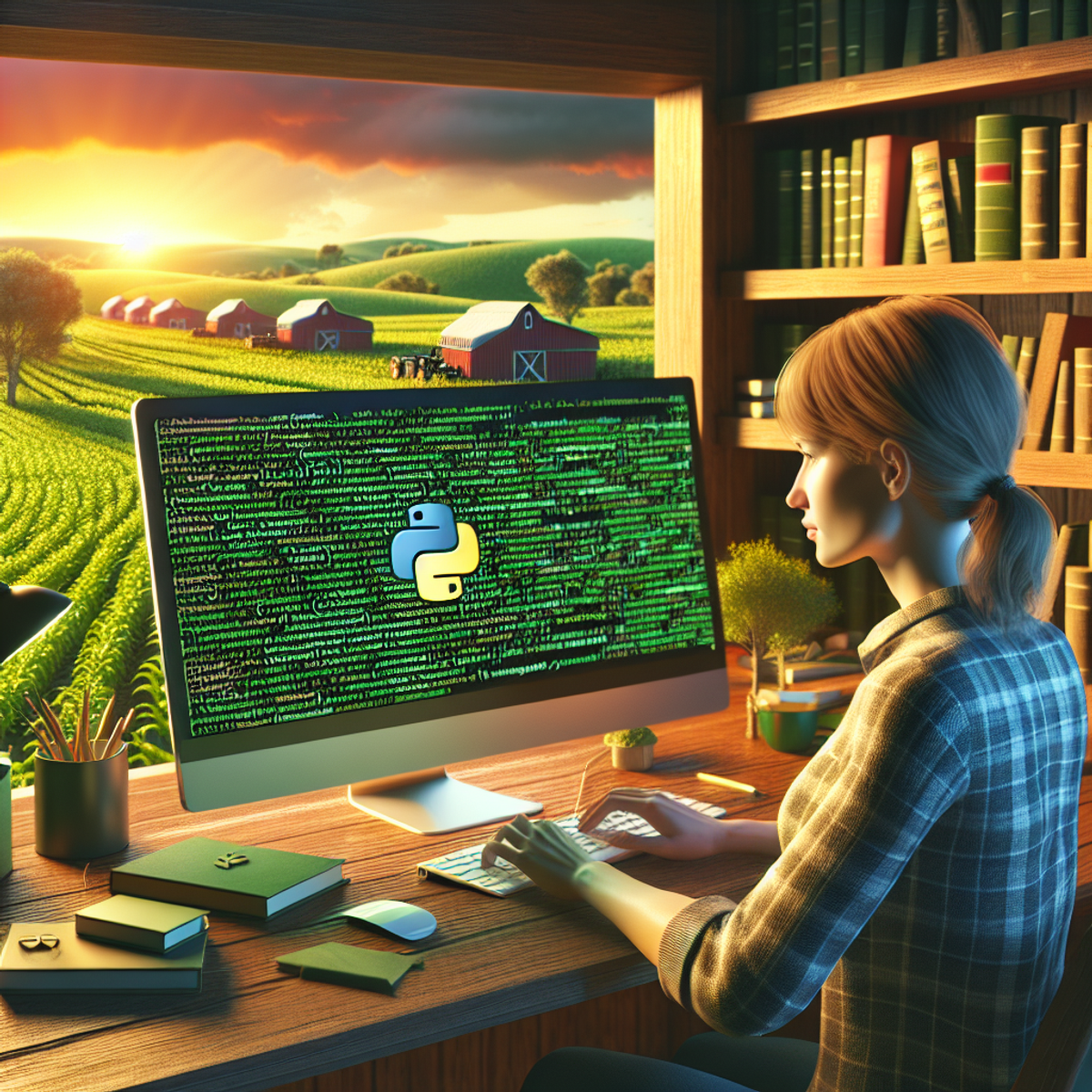 A female farmer working on her computer surrounded by books on sustainable agriculture, with a view of farmlands through the window.