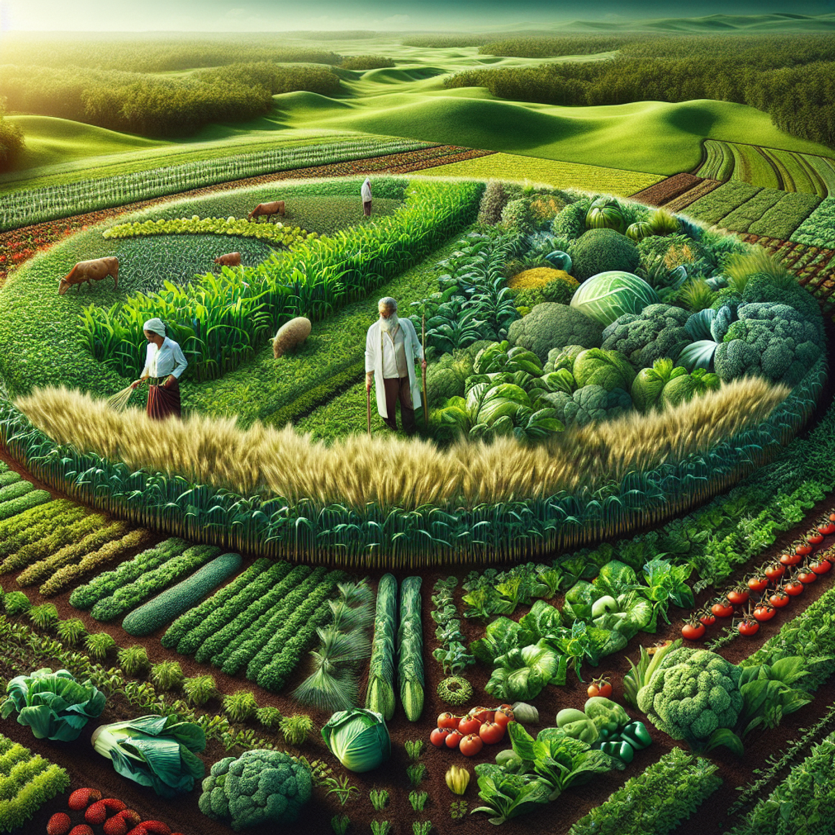 A woman and a man tending to a lush, diverse farm landscape.