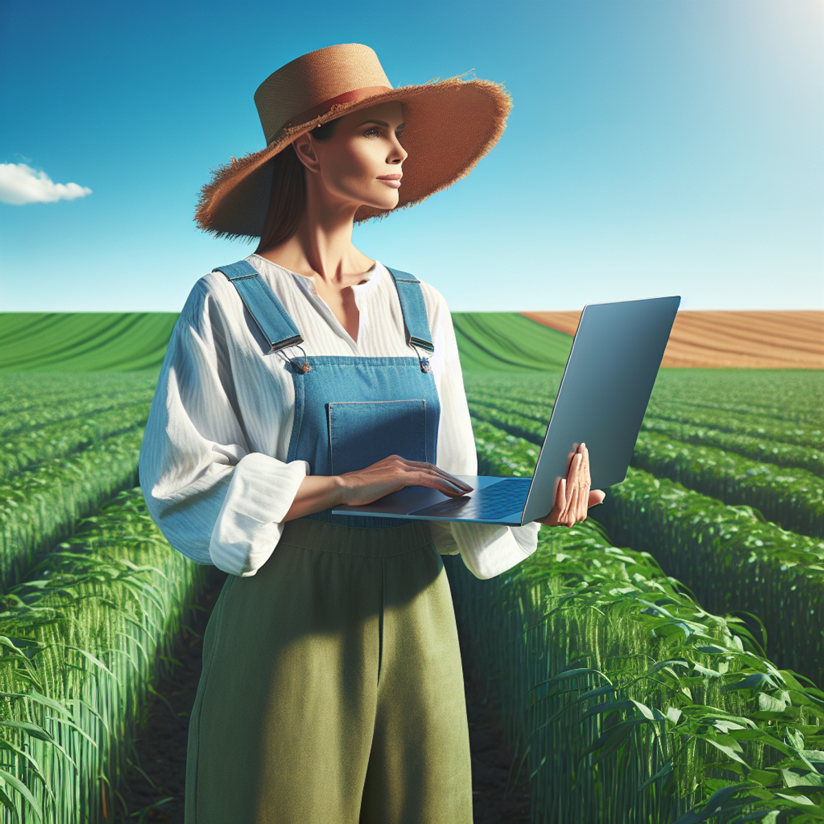 A Middle-Eastern female farmer wearing a hat, holding a laptop in a lush green field under a clear blue sky.