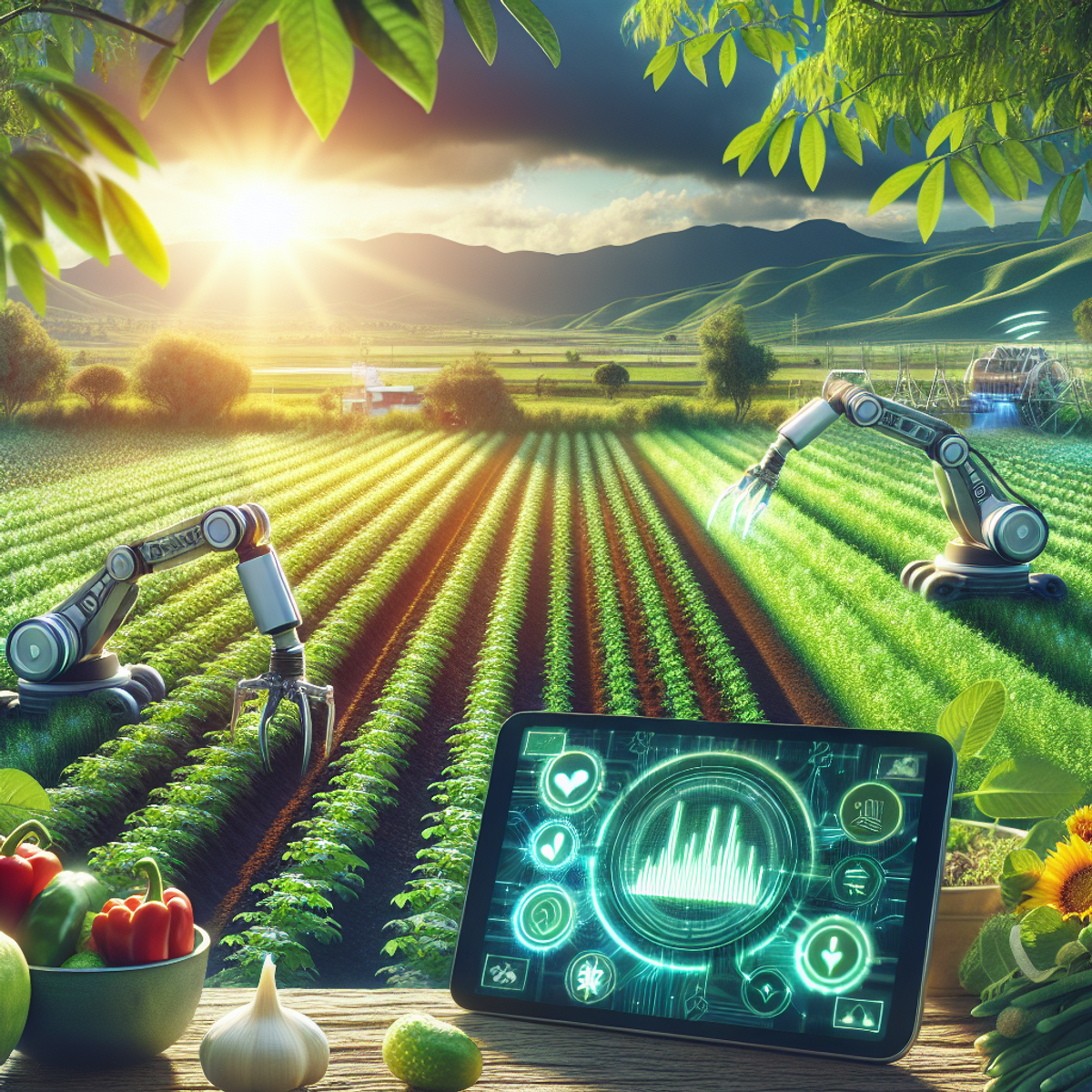 A futuristic farm with mechanical arms tending to crops and a smart device displaying real-time data on soil health and productivity metrics.