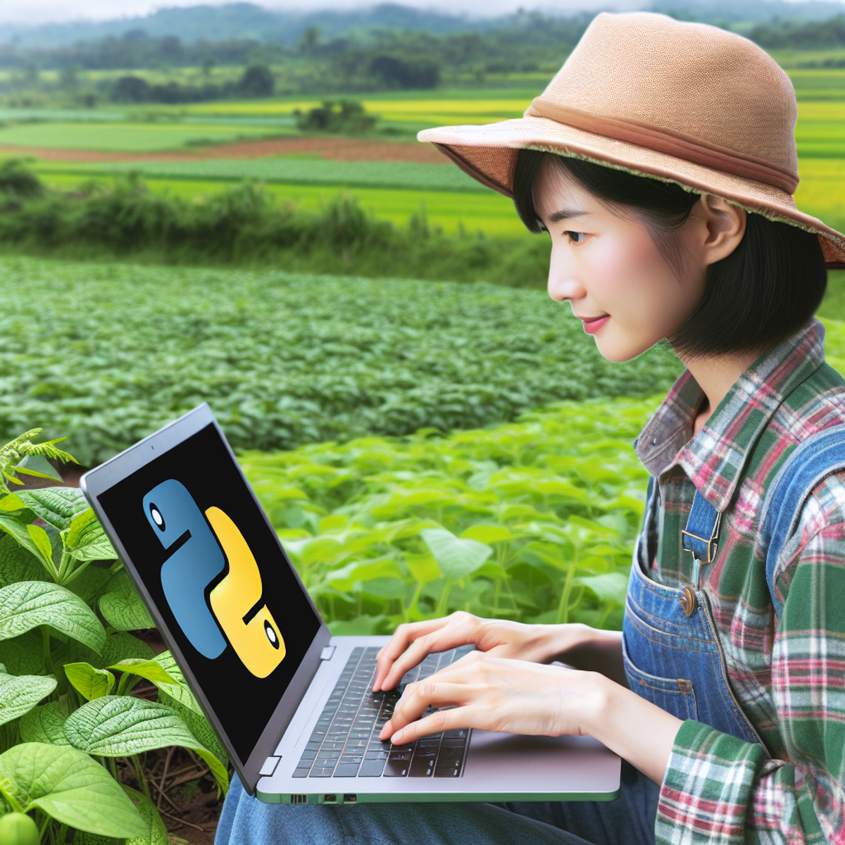 A woman farming while coding on a laptop outdoors.