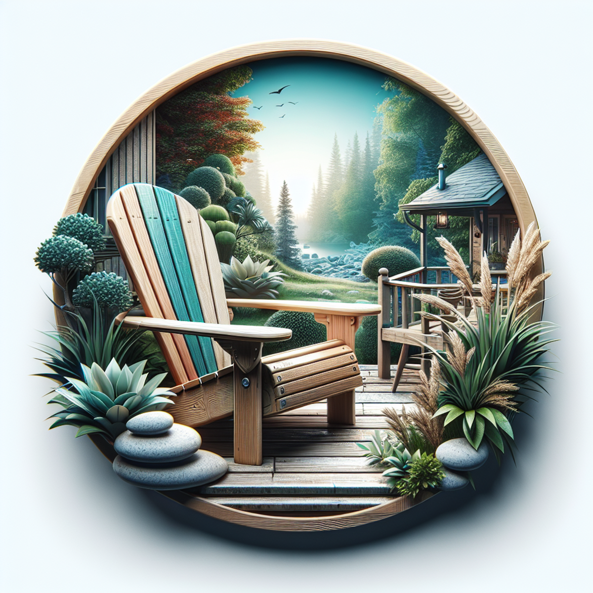 A wooden Adirondack chair sits in a lush garden, surrounded by blooming flowers and tall trees. The chair looks sturdy and inviting, with a plump cushion and wide armrests. The sun shines through the leaves, casting dappled shadows on the ground.