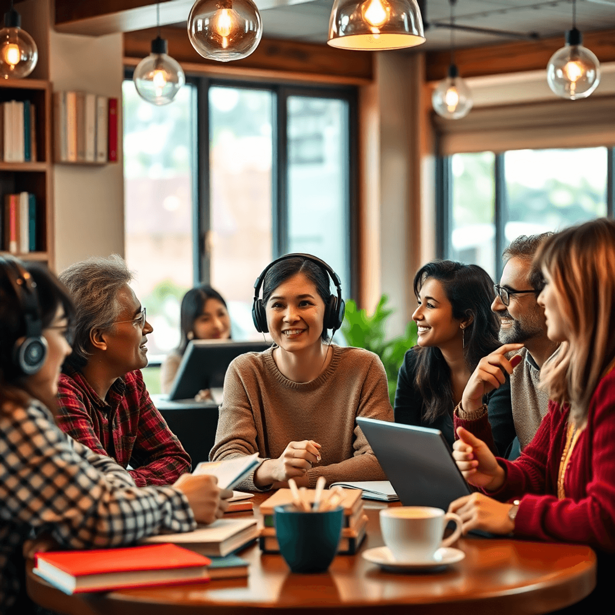 A cozy café scene with a diverse group of people in animated conversation, one wearing headphones. Coffee cups and notebooks are scattered around, creating a study atmosphere.