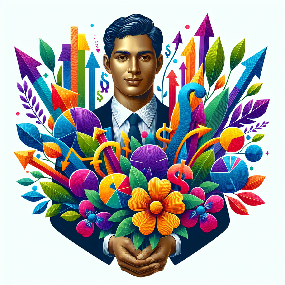 A person of South Asian descent in business attire holding a bouquet made of financial symbols such as dollar signs, arrows, pie charts, and bar graphs.