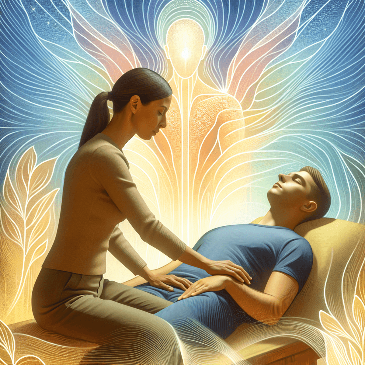 A serene therapy session in a calming room with soft lighting, featuring a Hispanic therapist gently guiding a Caucasian client. The environment is filled with soothing colors, such as light blues and greens, creating a peaceful atmosphere. The therapist is seated beside the client, who appears relaxed and receptive, symbolizing emotional support and the healing process in burnout recovery through hypnotherapy.