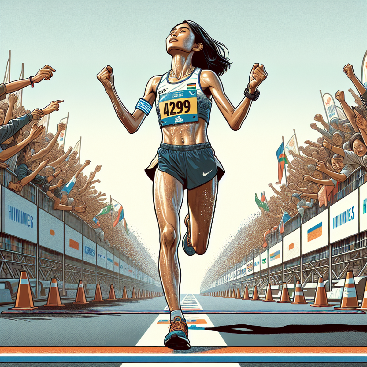 A South Asian female marathon runner crossing the finish line.