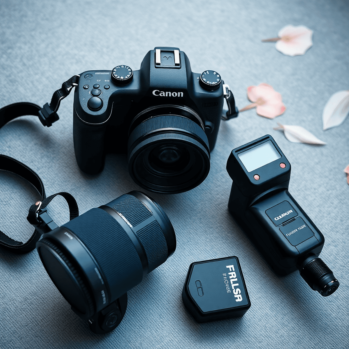 5 Tips to Choose the Best Professional Photography Equipment Flat lay of photography gear including a camera body, zoom lens, tripod, and external flash on a textured surface with a soft-focus creative background.