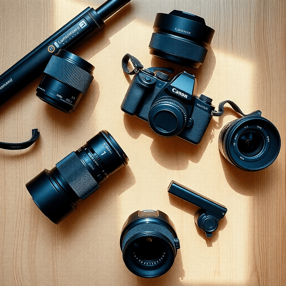 5 Tips to Choose the Best Professional Photography Equipment Flat lay of photography equipment including a camera, 50mm and wide-angle lenses, and a tripod on a textured wood surface, illuminated by natural light.