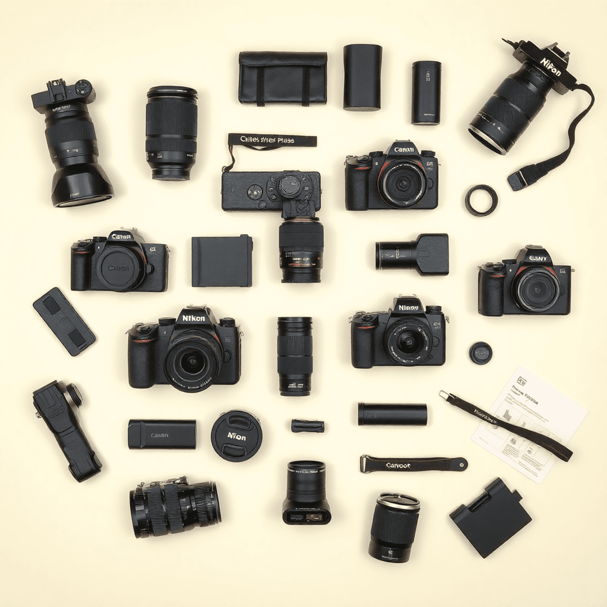 5 Tips to Choose the Best Professional Photography Equipment Flat lay of professional photography equipment, featuring cameras, lenses, and accessories against a clean neutral background, with subtle user reviews and comparison charts.
