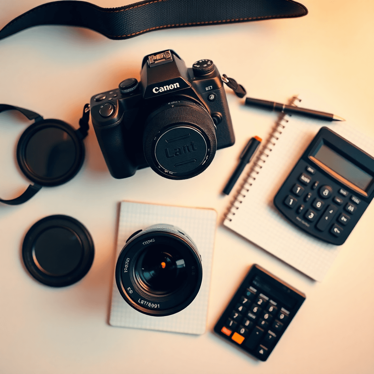 5 Tips to Choose the Best Professional Photography Equipment Flat lay of photography equipment: camera body, versatile lens, notepad, pen, and calculator on a clean surface, bathed in warm lighting for an inviting atmosphere.