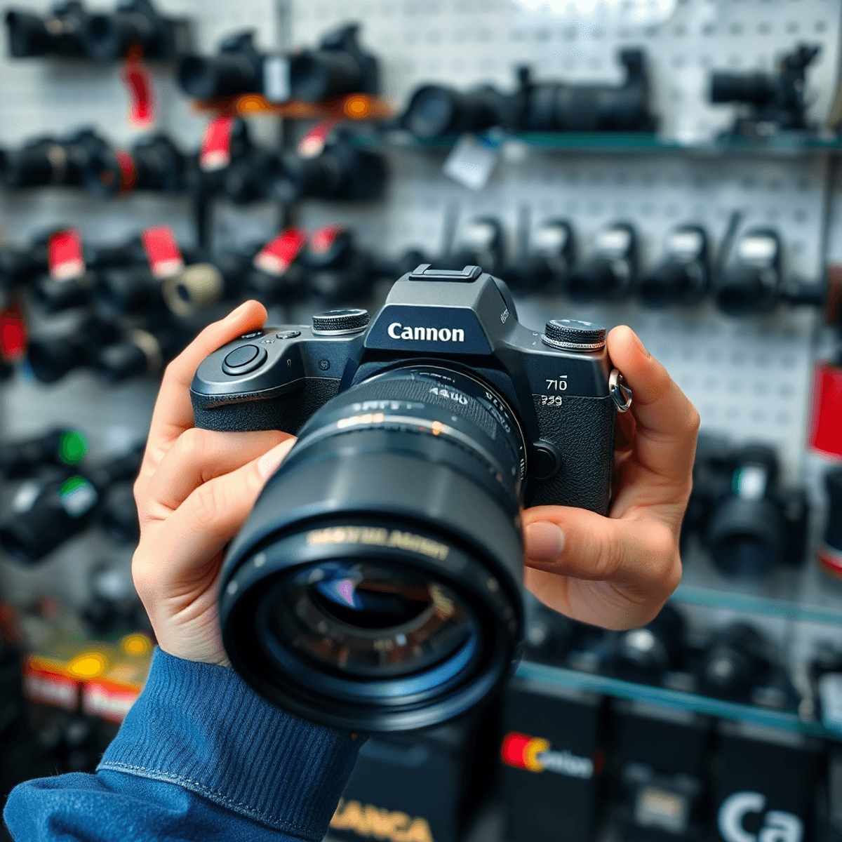 5 Tips to Choose the Best Professional Photography Equipment Close-up of a professional camera held in hands, showcasing its details and design, with a blurred background of a camera store filled with photography equipment.