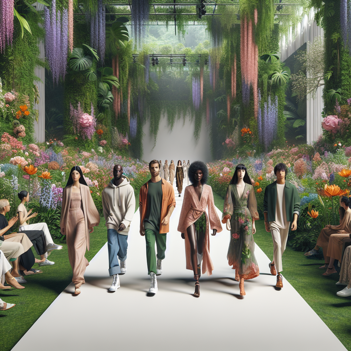 A diverse group of models walk down a runway surrounded by lush greenery and vibrant flowers, showcasing eco-friendly fashion designs.