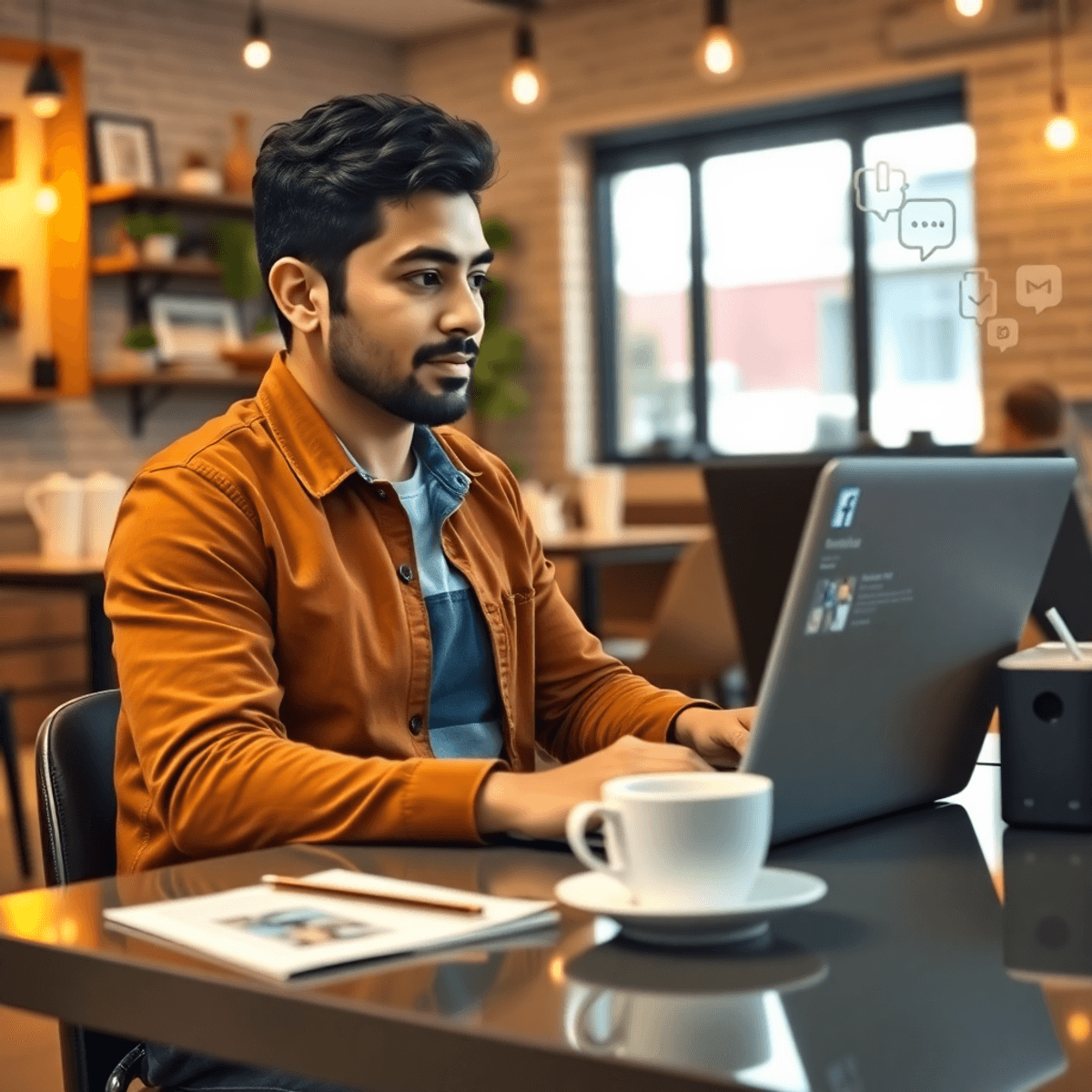 A small business owner sits at a desk with a laptop open to a social media page, surrounded by coffee cups and warm lighting in a cozy coffee shop setting.