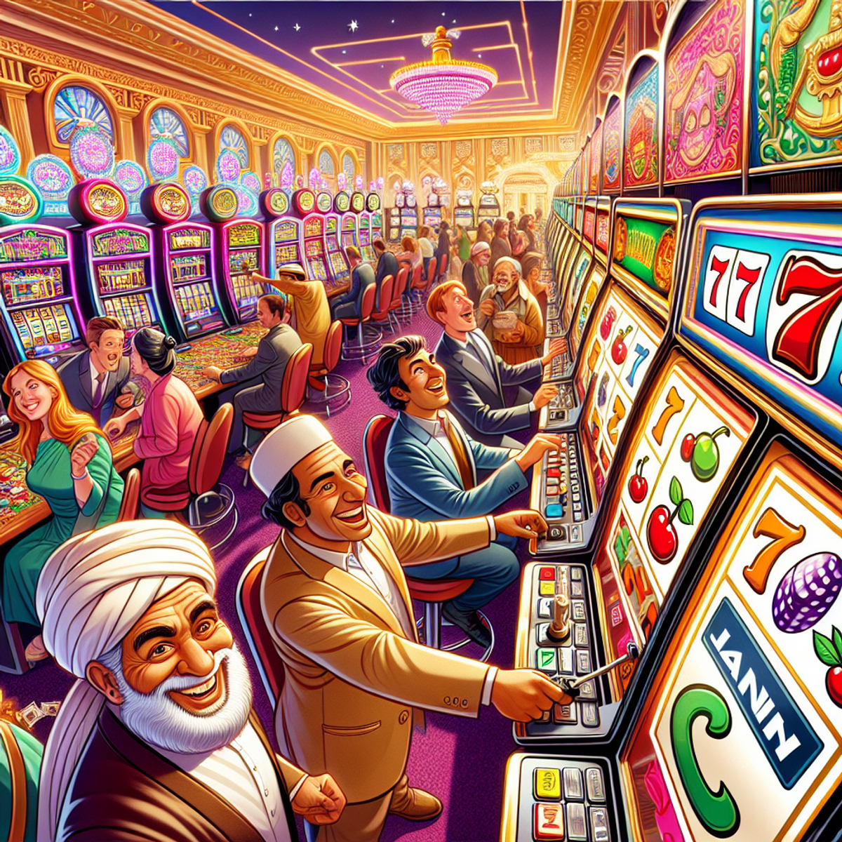 Cartoon-style casino with colorful slot machines and diverse people gambling. Middle-Eastern man at a slot machine, South Asian woman at a roulette table. Vibrant lights and dynamic atmosphere.