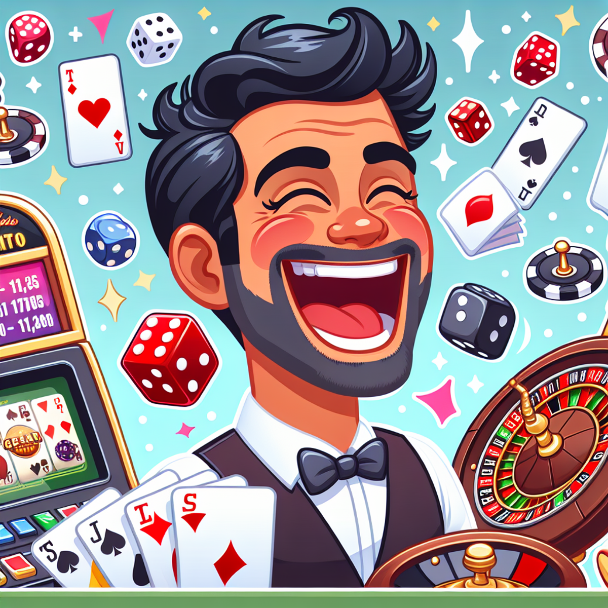 A Hispanic man surrounded by casino symbols, wearing a joyful expression as he indulges in gambling.