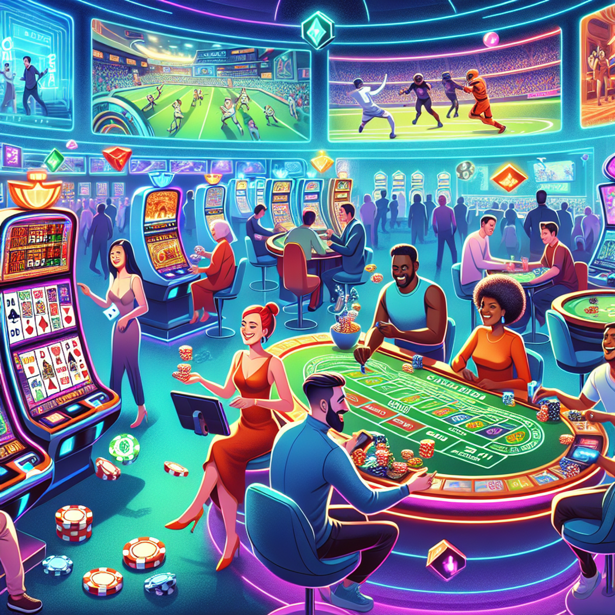 A diverse group of people enjoying futuristic casino games in a vibrant and colorful setting.