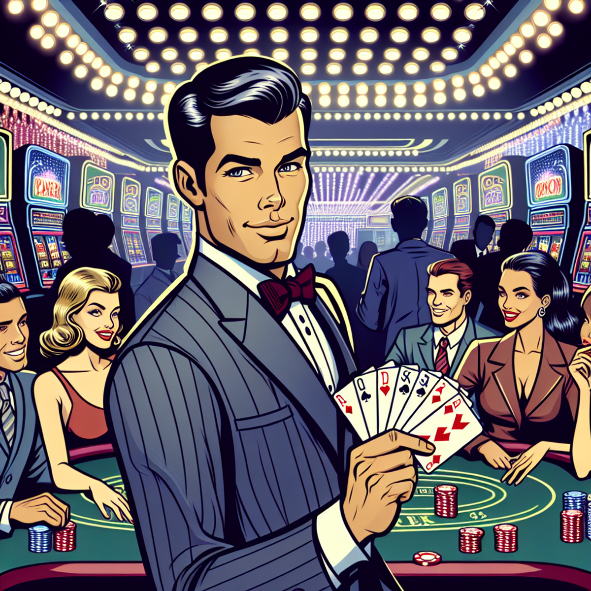 A confident spy-like figure in a classic suit with a bow tie, holding a winning hand of cards in a glamorous casino setting filled with lights, slot machines, poker tables, and patrons.