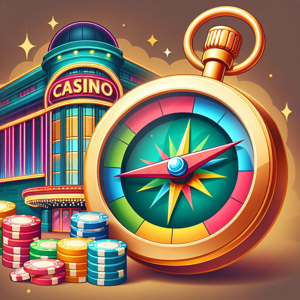 A compass with a needle designed as a stack of multicolored casino chips, pointing towards a vibrant casino building.