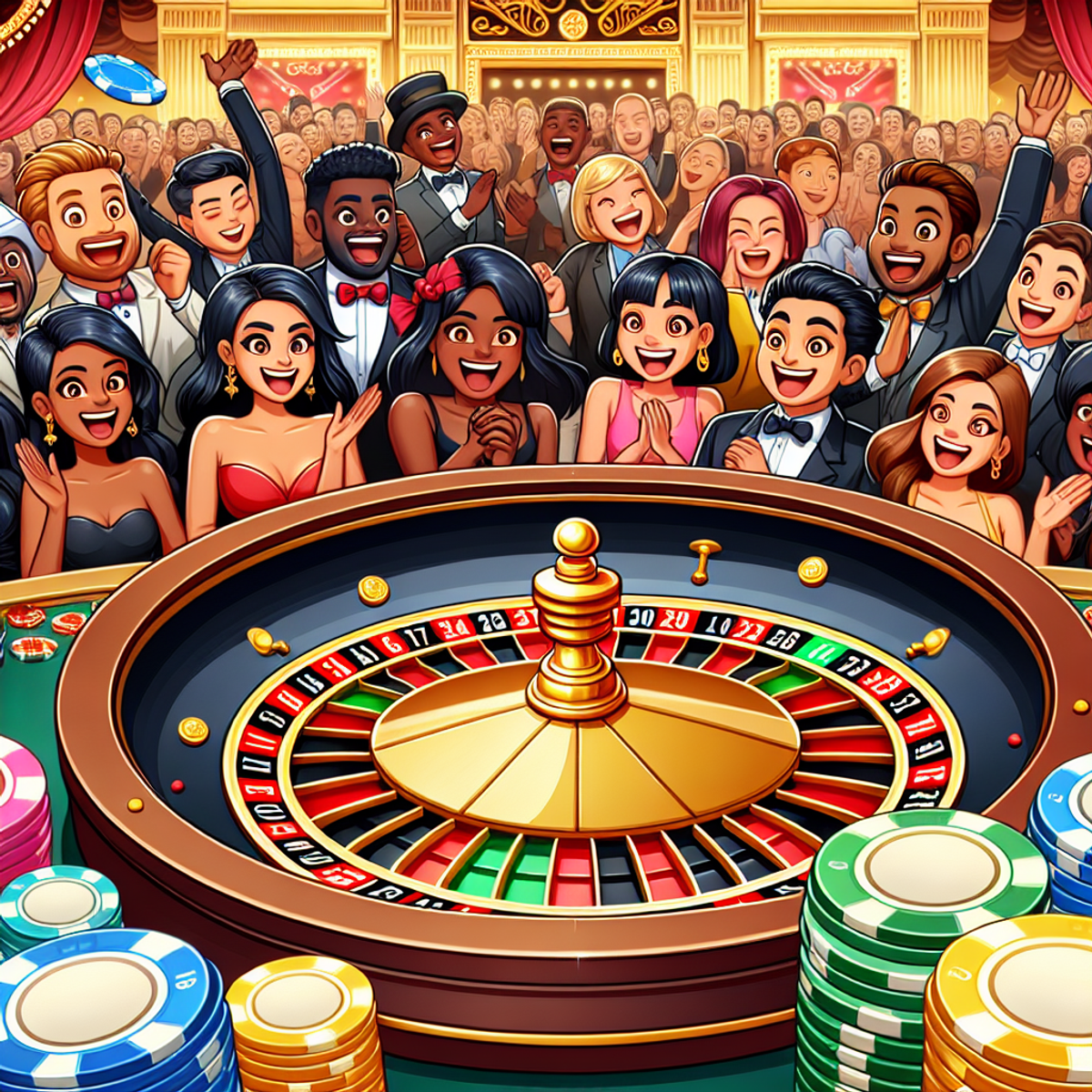 A lively casino scene with a large roulette wheel surrounded by colorful casino chips and a diverse, enthusiastic crowd cheering and clapping.