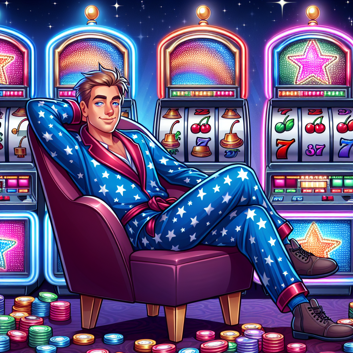 A man in blue starry pajamas lounges on a burgundy plush chair in a room filled with shimmering, multicolored slot machines.