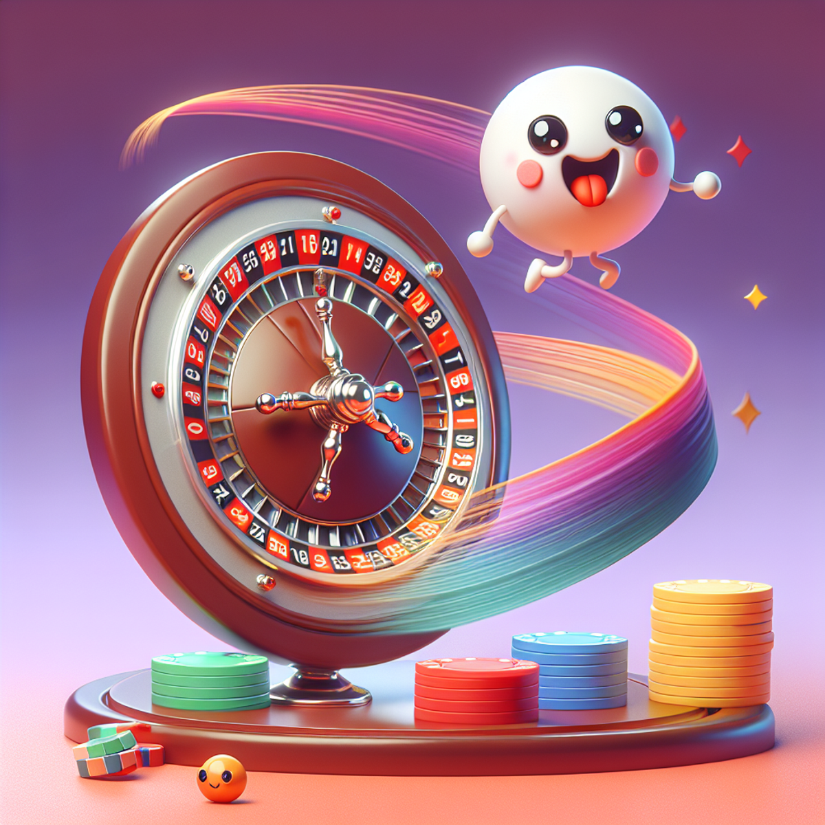 A vibrant and lively roulette wheel with a personified roulette ball bouncing around.